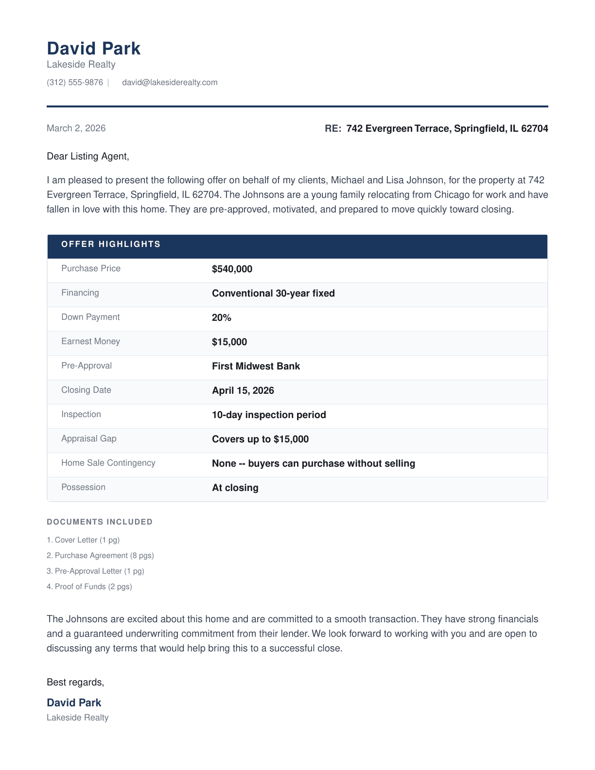 Professional offer cover letter with agent letterhead, offer highlights, and documents included